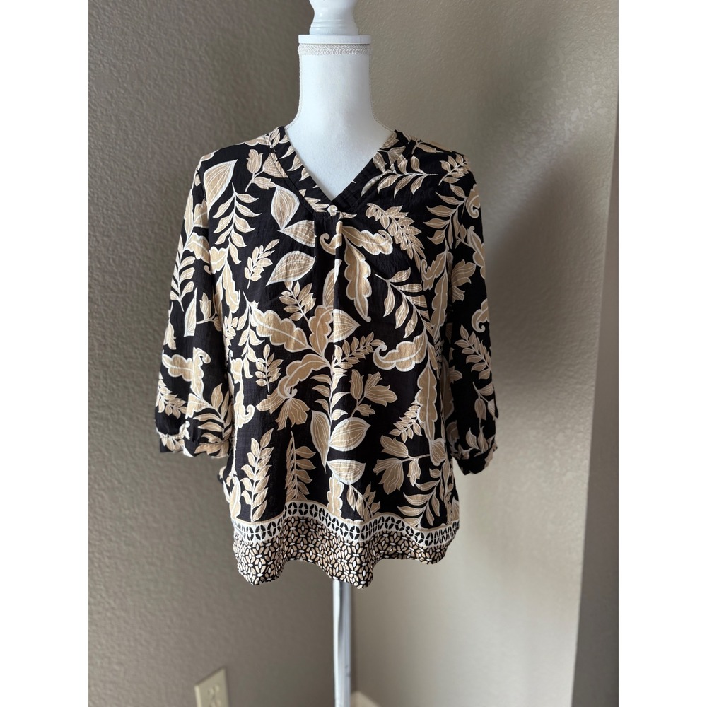 LOMON Womens Medium Black Tan Tropical Leaf V-Neck 3/4 Sleeve Blouse Top